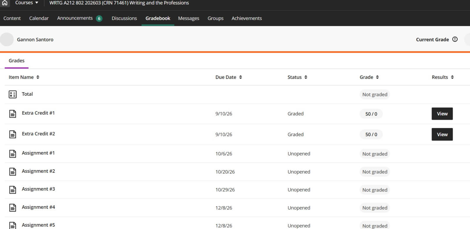 Gradebook snapshot with extra credit and assignment score entries