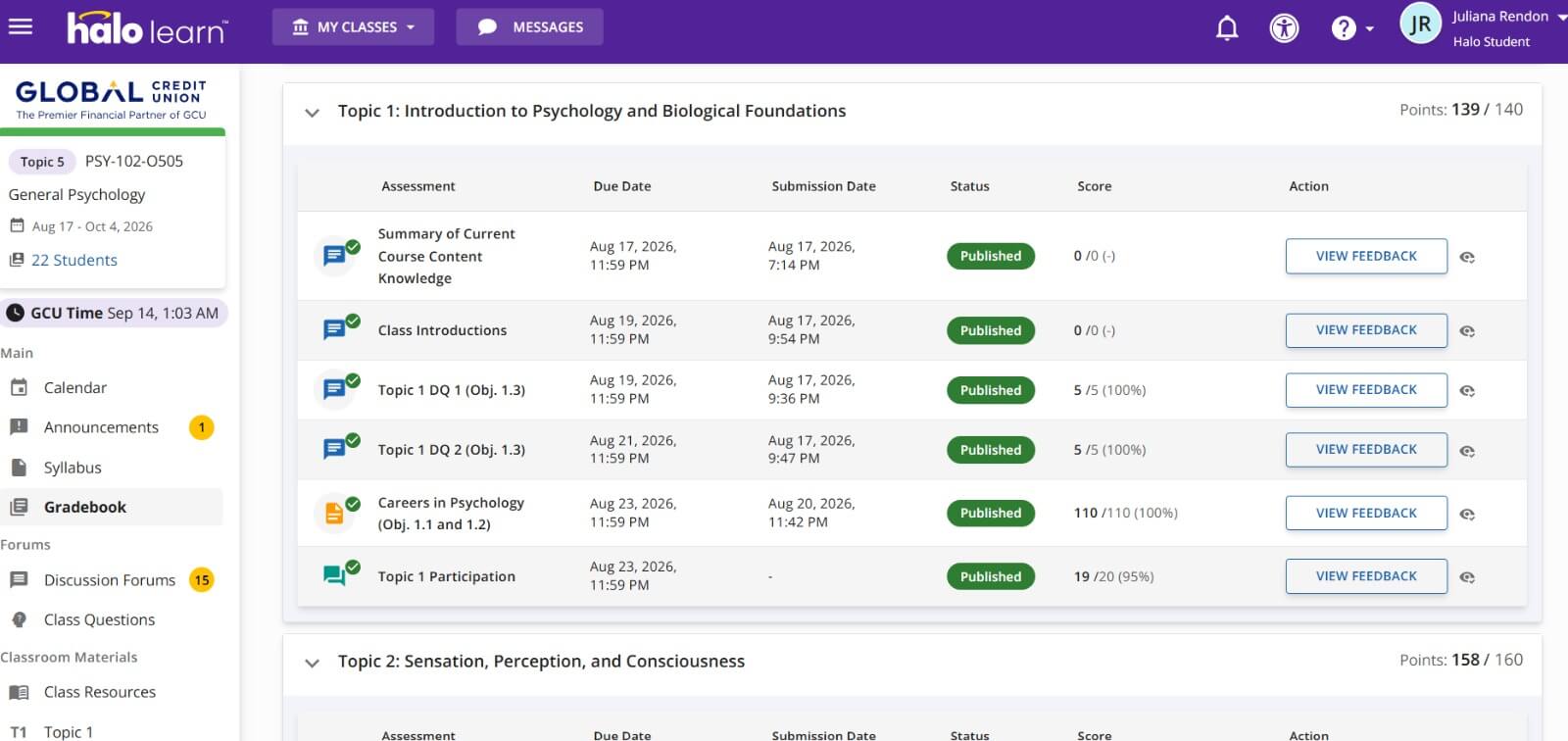 Topic-based course dashboard with graded discussions and assignments