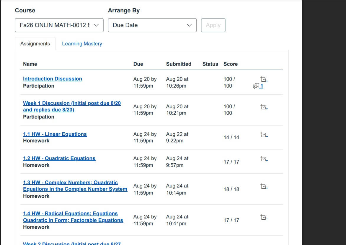 Math course assignment list showing due dates, submissions and scores