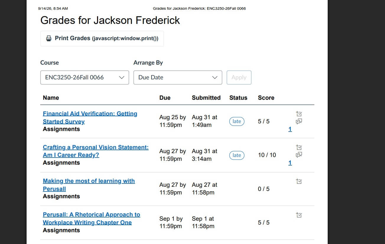 Course grade history with assignment scores and submission timing